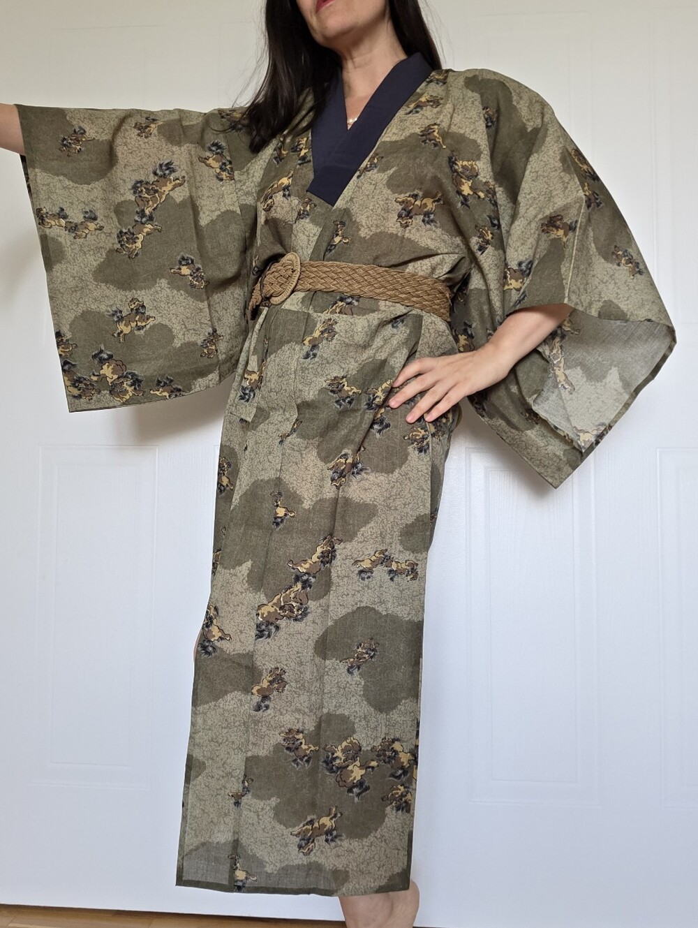 Vintage Japanese Cotton Juban | Shishi Lion Novelty Print Kimono